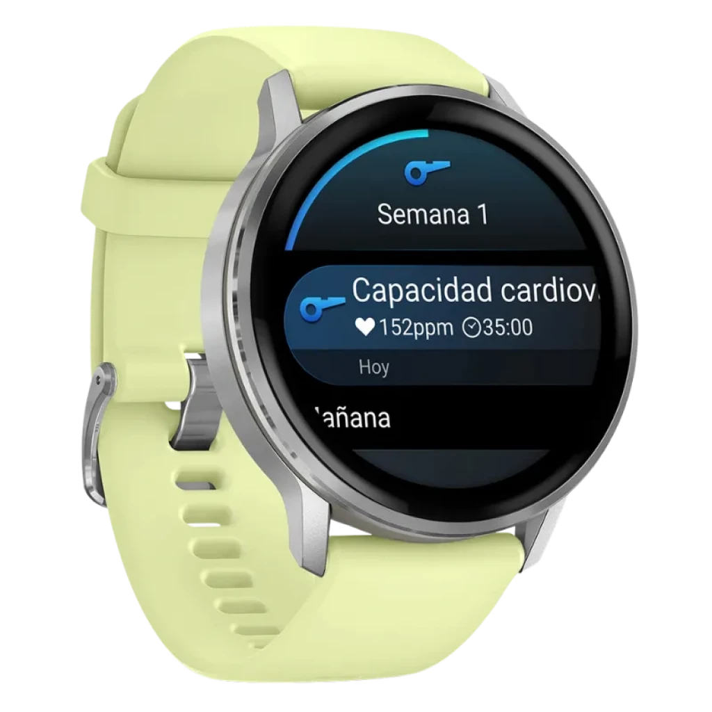 Garmin Venu 4 45 mm plata con bisel metálico y correa de silicona amarilla, pantalla circular AMOLED con widgets de pasos, clima y salud, GPS multibanda - Ítem3