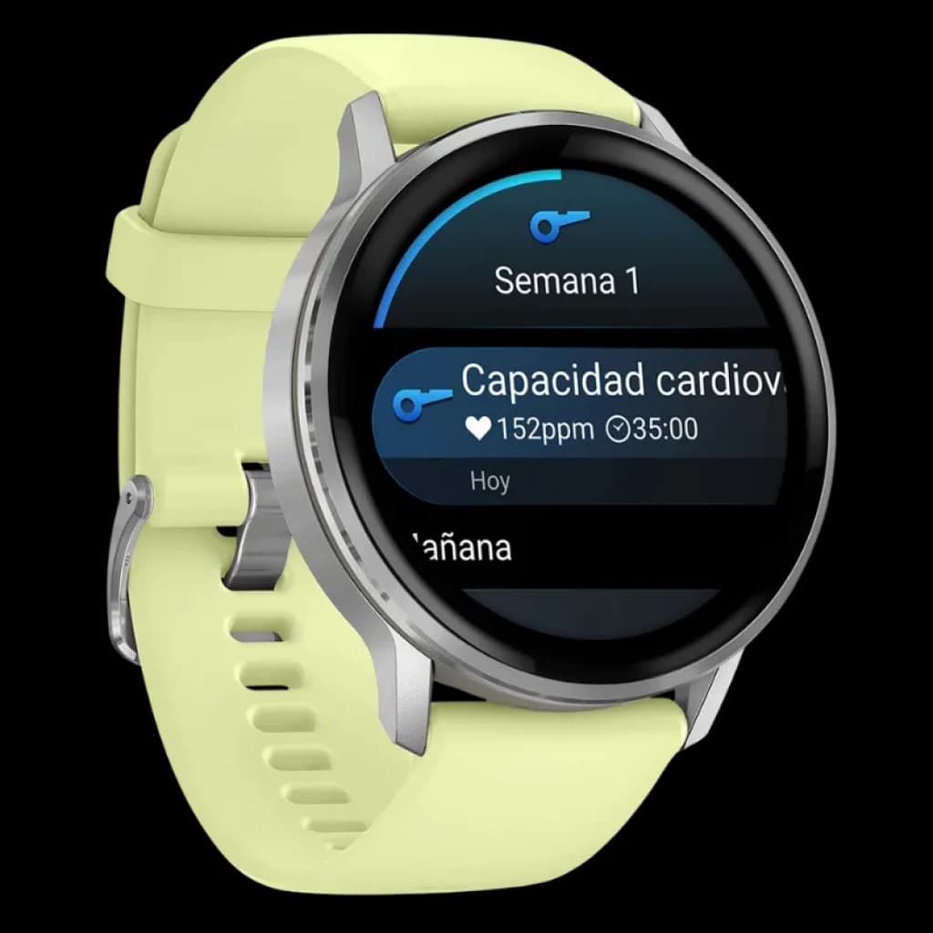 Garmin Venu 4 de 45 mm em prata com bracelete em silicone amarelo, ecrã redondo a cores e moldura metálica, fivela clássica e design desportivo elegante