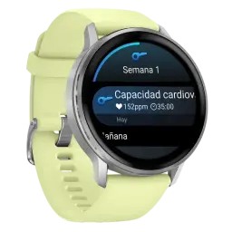 Garmin Venu 4 de 45 mm em prata com bracelete em silicone amarelo, ecrã redondo a cores e moldura metálica, fivela clássica e design desportivo elegante