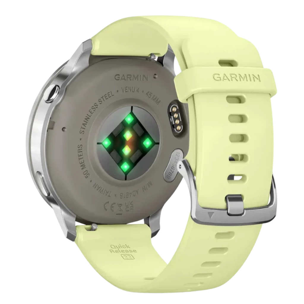 Garmin Venu 4 45 mm plata con bisel metálico y correa de silicona amarilla, pantalla circular AMOLED con widgets de pasos, clima y salud, GPS multibanda - Ítem4