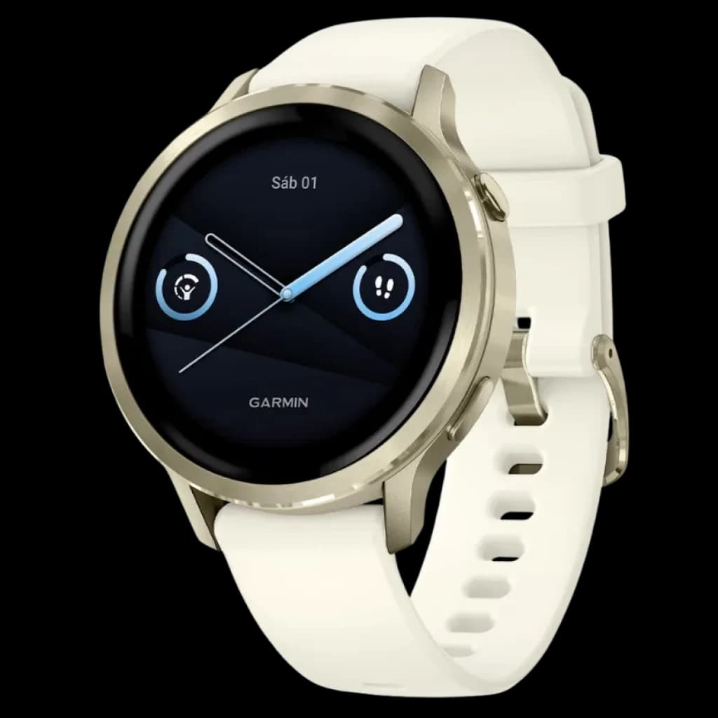 Garmin Venu 4 de 41 mm em dourado com bracelete de silicone branca, ecrã AMOLED de 1,2 polegadas, moldura metálica e design elegante e minimalista