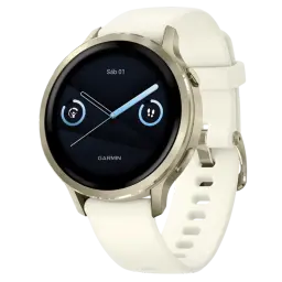 Garmin Venu 4 de 41 mm em dourado com bracelete de silicone branca, ecrã AMOLED de 1,2 polegadas, moldura metálica e design elegante e minimalista
