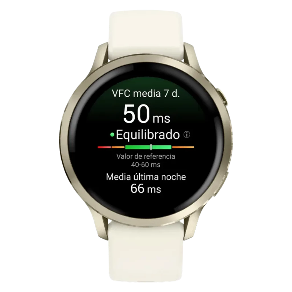 Garmin Venu 4 de 41 mm en dorado con correa de silicona blanca, pantalla AMOLED de 1,2 pulgadas, bisel metálico y diseño elegante y minimalista - Ítem1