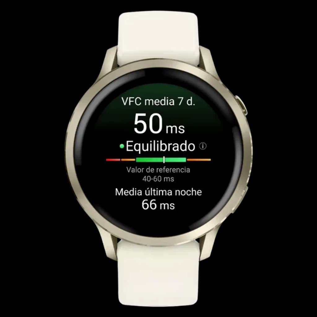 Garmin Venu 4 41 mm dourado com bracelete de silicone branca e ecrã AMOLED de 1,2 polegadas; moldura metálica e mostrador preto com métricas de saúde visíveis