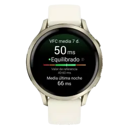 Garmin Venu 4 41 mm dourado com bracelete de silicone branca e ecrã AMOLED de 1,2 polegadas; moldura metálica e mostrador preto com métricas de saúde visíveis