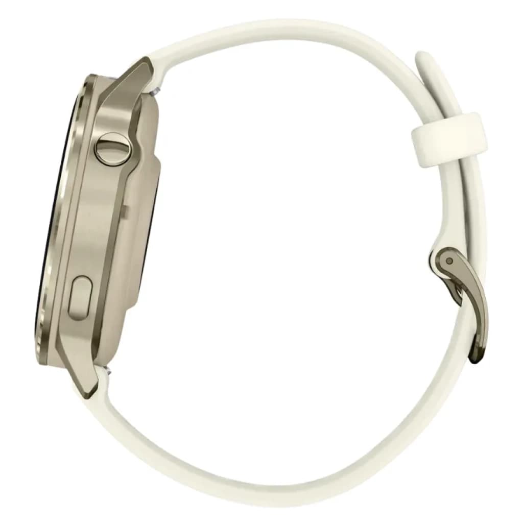 Perfil lateral do Garmin Venu 4 41 mm em dourado, caixa metálica fina, botão lateral, bracelete de silicone branca com fivela metálica, design elegante