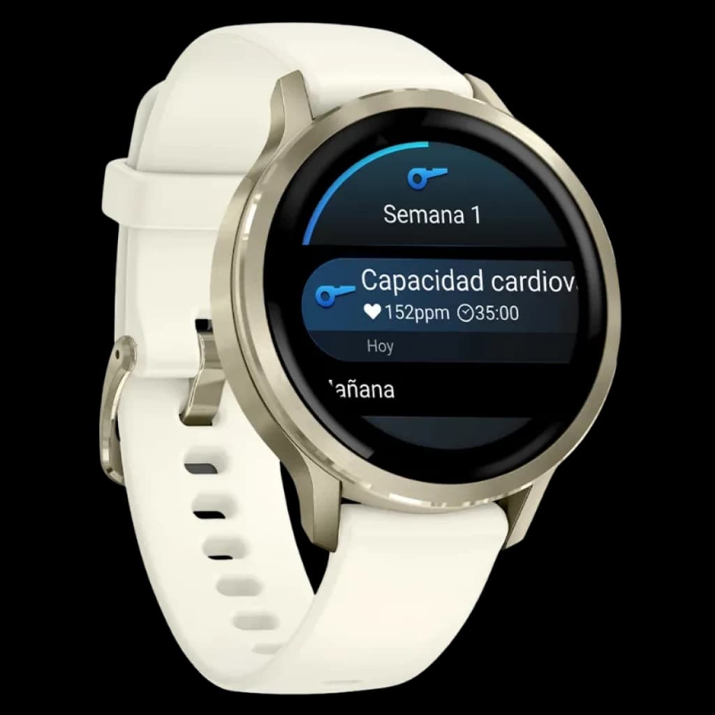 Garmin Venu 4 41 mm dourado com bracelete de silicone branca, ecrã AMOLED de 1,2 polegadas, moldura metálica e widget de capacidade cardiovascular no ecrã