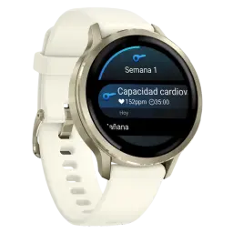 Garmin Venu 4 41 mm dourado com bracelete de silicone branca, ecrã AMOLED de 1,2 polegadas, moldura metálica e widget de capacidade cardiovascular no ecrã