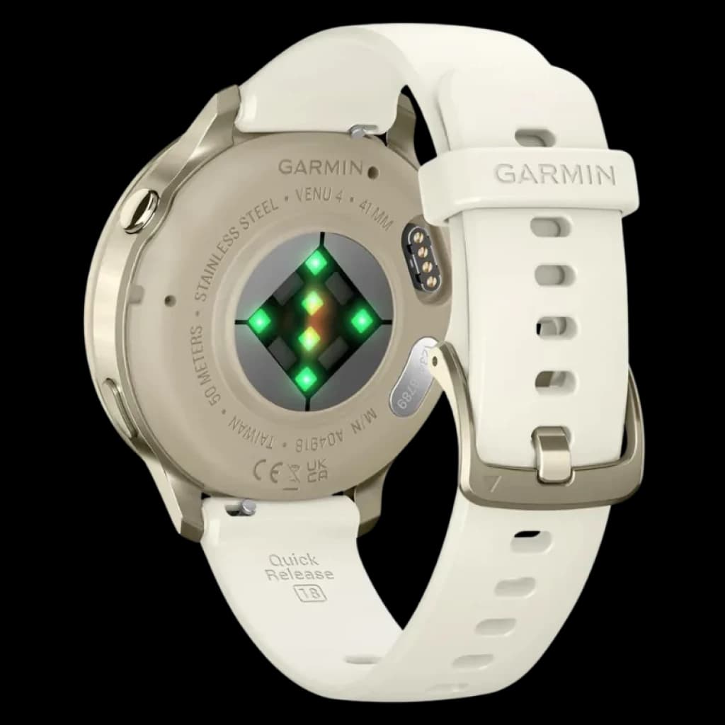 Garmin Venu 4 41 mm dourado com bracelete de silicone branca, fivela metálica e sensores verdes traseiros; caixa em aço inoxidável, ecrã AMOLED de 1,2 polegadas