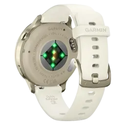 Garmin Venu 4 41 mm dourado com bracelete de silicone branca, fivela metálica e sensores verdes traseiros; caixa em aço inoxidável, ecrã AMOLED de 1,2 polegadas