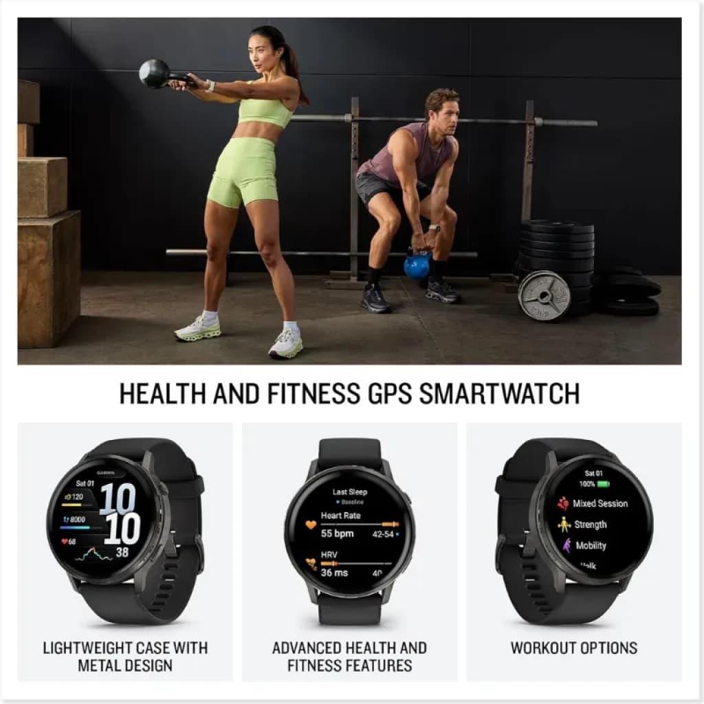 Garmin Venu 4 41 mm dourado com pulseira de silicone branca, design metálico leve, ecrã AMOLED de 1,2 polegadas, métricas de saúde e treinos