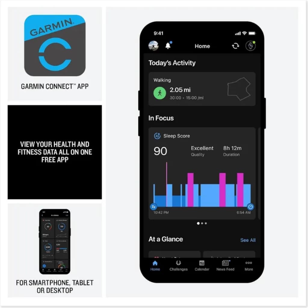 Aplicação Garmin Connect a mostrar a atividade diária e a pontuação do sono no ecrã AMOLED do smartphone; compatível com telemóvel, tablet e computador