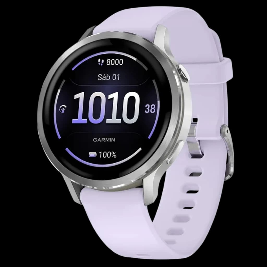 Relógio inteligente Garmin Venu 4 de 41 mm em prata com bracelete de silicone lilás, ecrã circular com indicadores de passos, data e bateria com até 10 dias de autonomia