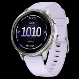 Relógio inteligente Garmin Venu 4 de 41 mm em prata com bracelete de silicone lilás, ecrã circular com indicadores de passos, data e bateria com até 10 dias de autonomia