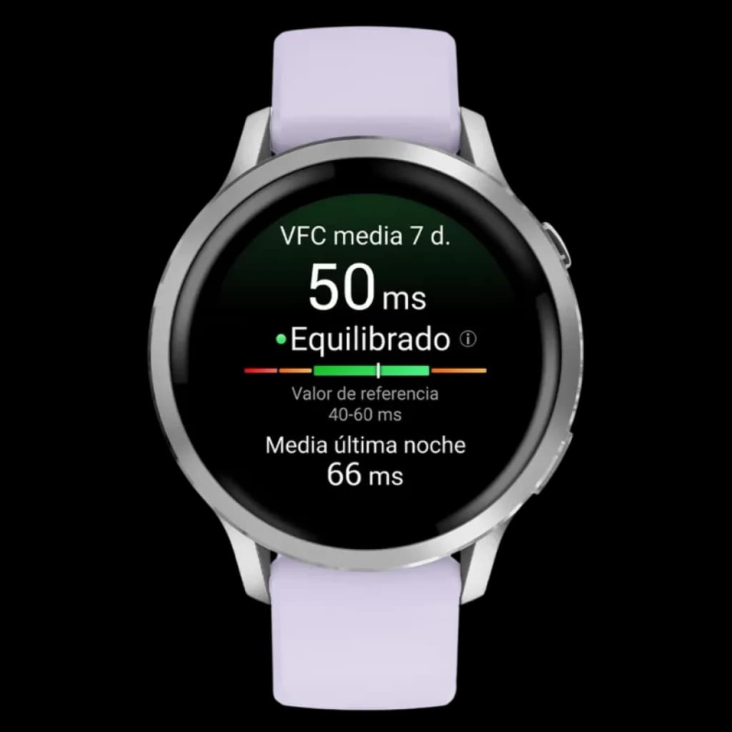 Garmin Venu 4 de 41 mm em prata com bracelete de silicone lilás; ecrã circular com métricas de VFC e anel colorido; bisel metálico elegante