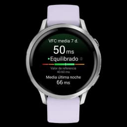 Garmin Venu 4 de 41 mm em prata com bracelete de silicone lilás; ecrã circular com métricas de VFC e anel colorido; bisel metálico elegante