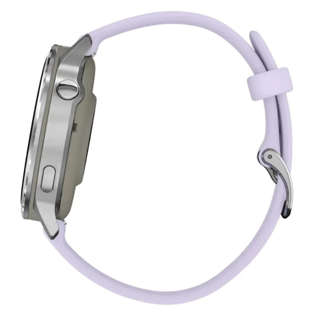 Garmin Venu 4 41 mm prateado com bracelete de silicone lilás, lateral com caixa metálica, botões físicos e fivela clássica, design elegante e leve