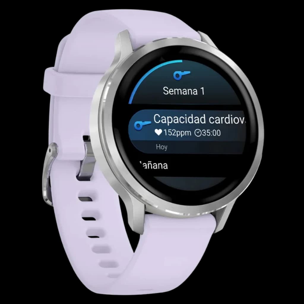 Relógio inteligente Garmin Venu 4 41 mm em prata com bracelete de silicone lilás; ecrã tátil circular, moldura metálica e monitorização da capacidade cardiovascular