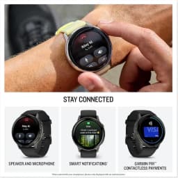 Garmin Venu 4 41 mm prateado com bracelete de silicone lilás; ecrã tátil circular, bordas metálicas e botões laterais; design elegante e desportivo
