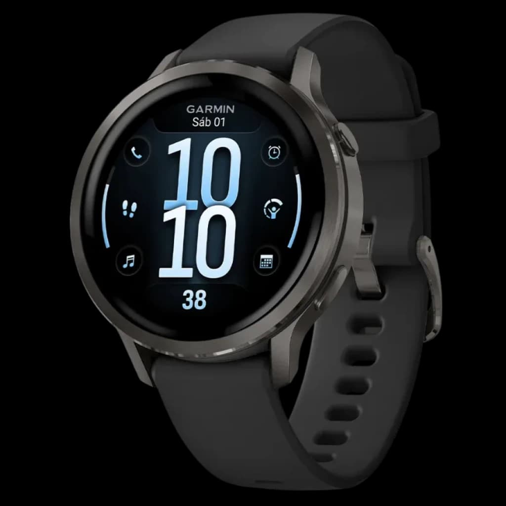 Garmin Venu 4 41 mm preto com bracelete de silicone preta, ecrã tátil circular, moldura metálica, monitor de frequência cardíaca e design desportivo elegante