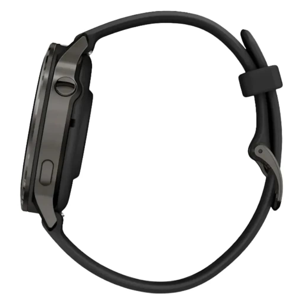 Garmin Venu 4 41 mm em preto com bracelete de silicone preta, caixa redonda e botões laterais; design fino e desportivo, ideal para monitorização cardíaca