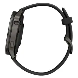 Garmin Venu 4 41 mm em preto com bracelete de silicone preta, caixa redonda e botões laterais; design fino e desportivo, ideal para monitorização cardíaca