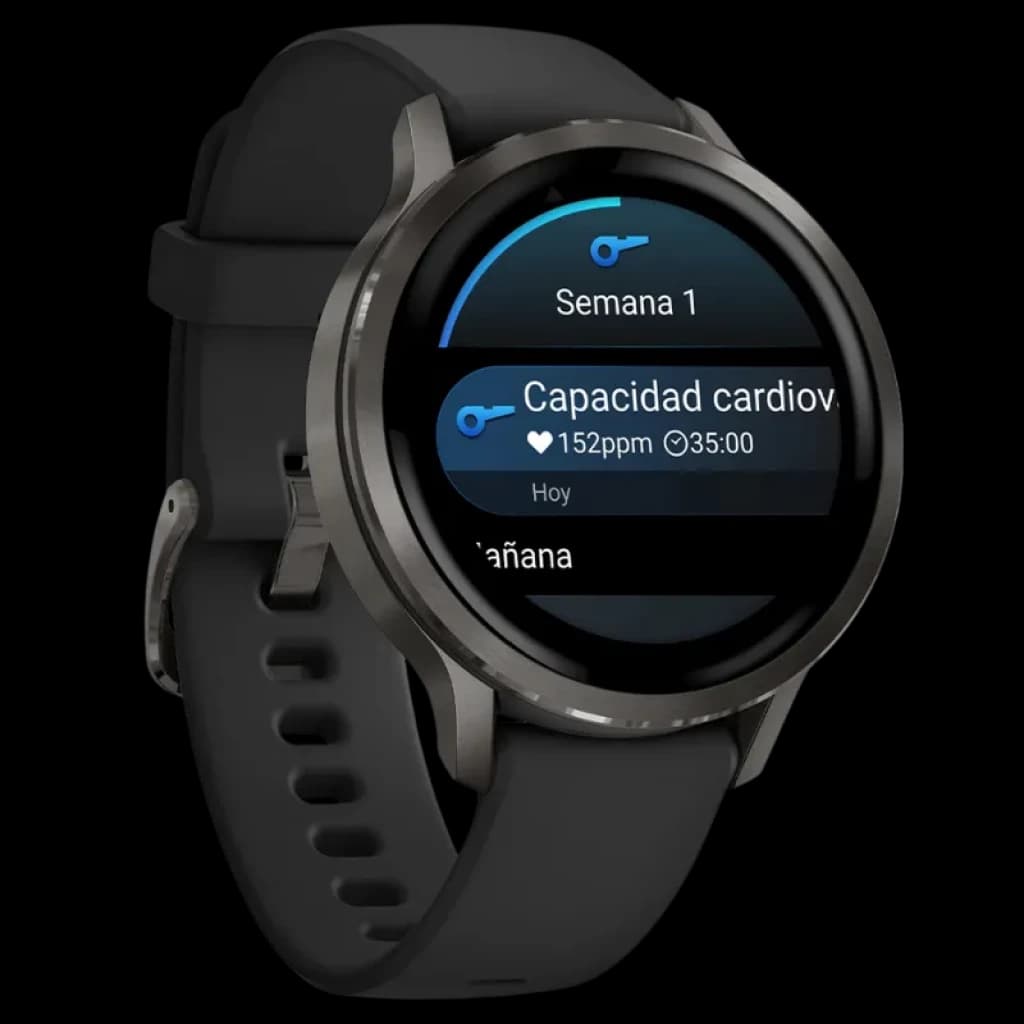 Garmin Venu 4 41 mm preto com caixa metálica escura e bracelete de silicone preta, ecrã AMOLED circular com monitorização da frequência cardíaca