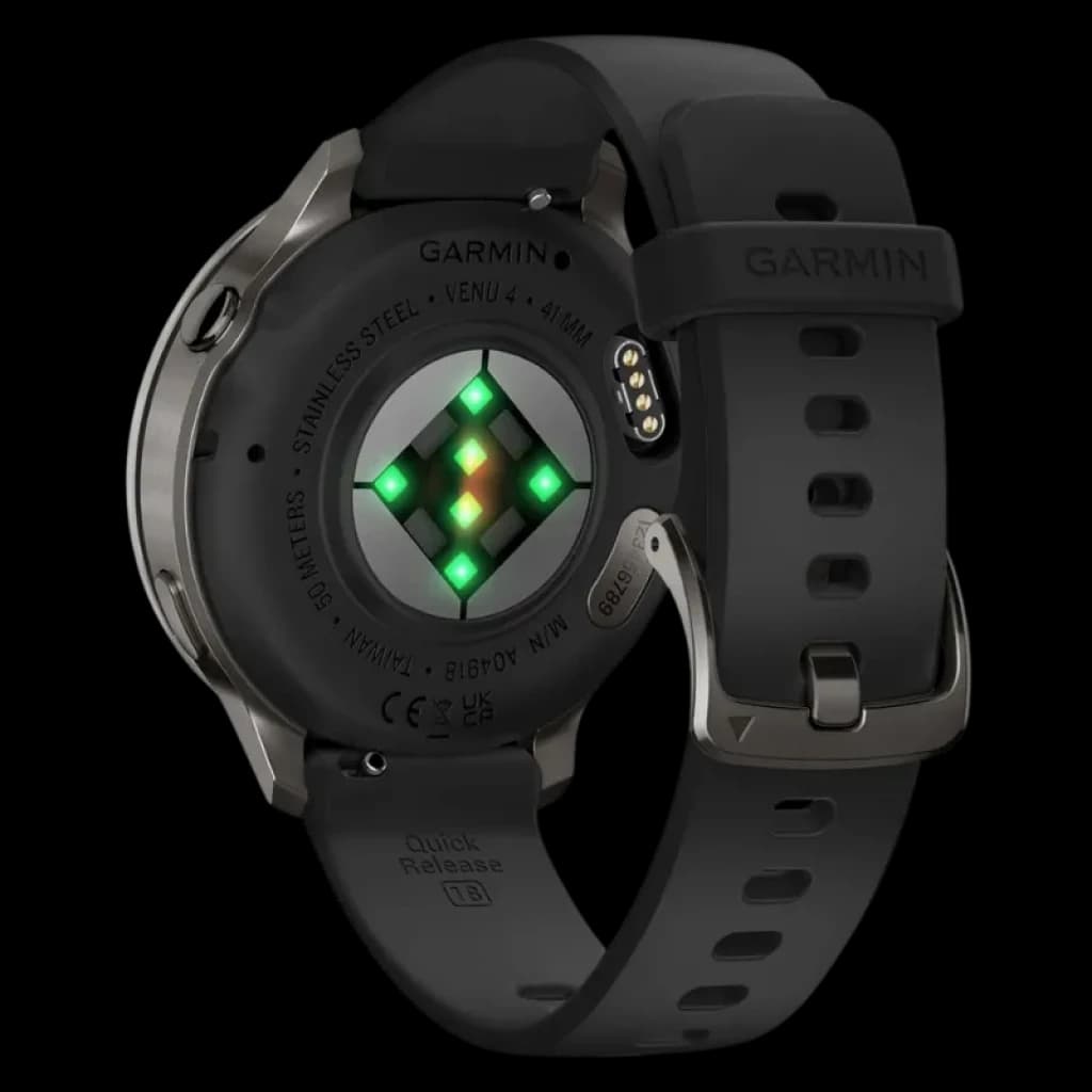 Garmin Venu 4 41 mm preto com bracelete de silicone preta; vista traseira com sensores óticos verdes e fivela metálica, design desportivo e resistente
