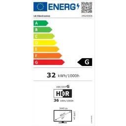 Etiqueta energética UE del monitor LG UltraGear 34GX900A: clase G, consumo 32 kWh/1000 h, HDR 36 kWh/1000 h, resolución 3440×1440, panel 34 pulgadas curva