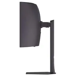 Perfil lateral del monitor curvo LG UltraGear 34 GX900A, pantalla OLED 34 pulgadas WQHD, diseño ultrafino en negro con soporte ajustable sólido