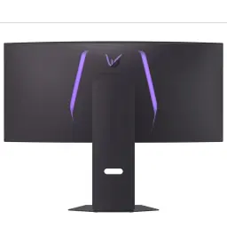 Parte trasera del monitor curvo LG UltraGear 34 pulgadas con iluminación LED violeta en forma de V, soporte central robusto y acabado negro mate