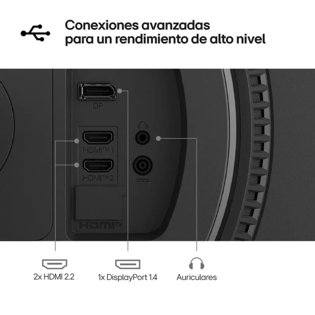 Ports arrière du moniteur LG UltraGear 27G440A : 2x HDMI 2.2, 1x DisplayPort 1.4 et prise casque, repères clairs pour une connexion rapide