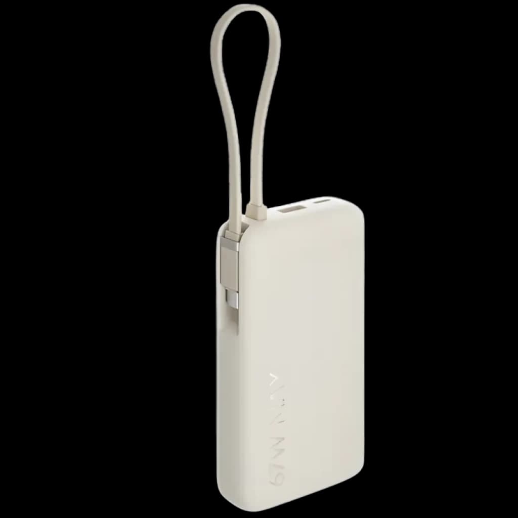 Xiaomi Power Bank 10000mAh bege com cabo integrado, design compacto, display numérico e carregamento 67W; corpo liso e laço para transporte