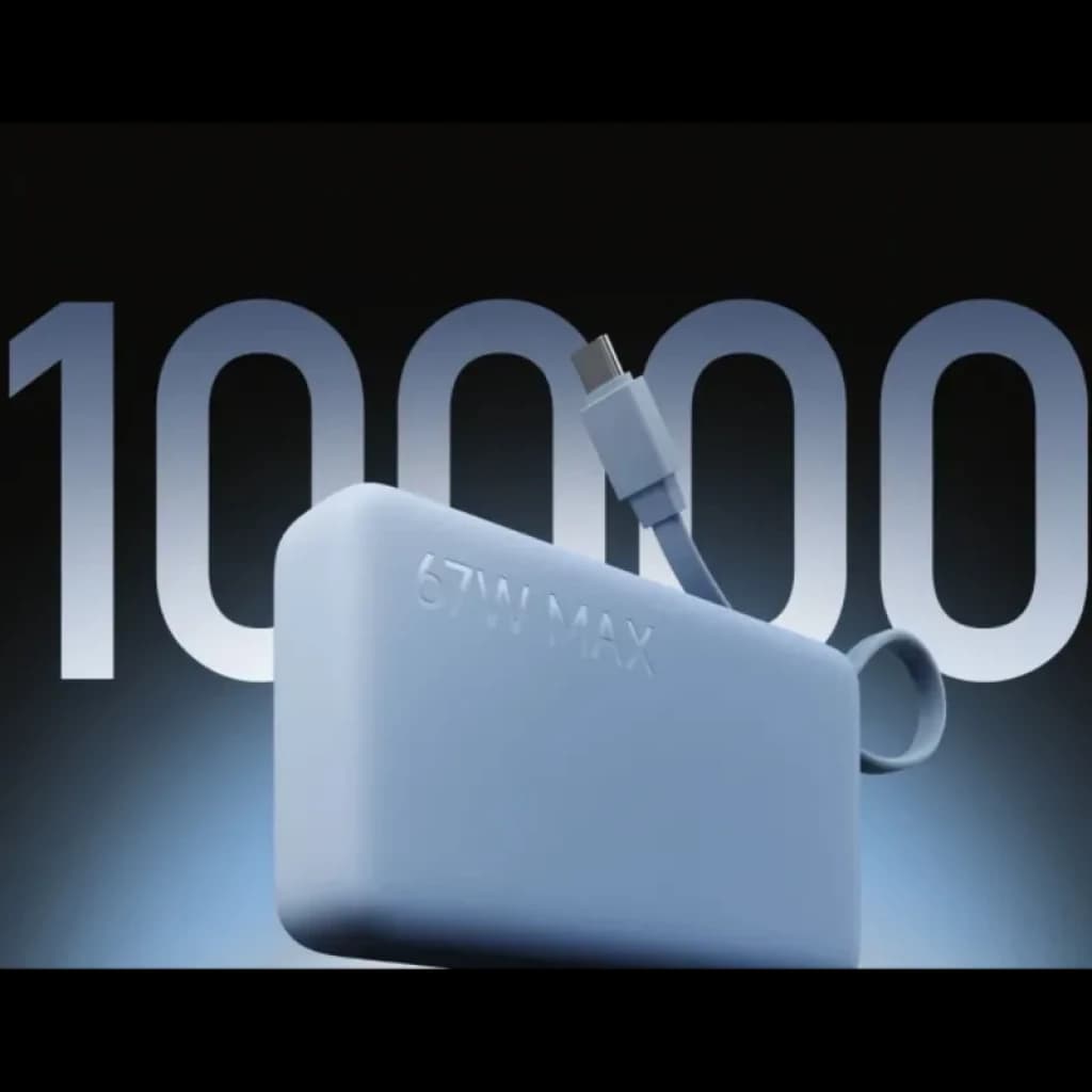 Xiaomi Power Bank 10000mAh Bege com cabo integrado USB-C, carregamento 67W, ecrã numérico e design compacto; destaque para 67W MAX no corpo.