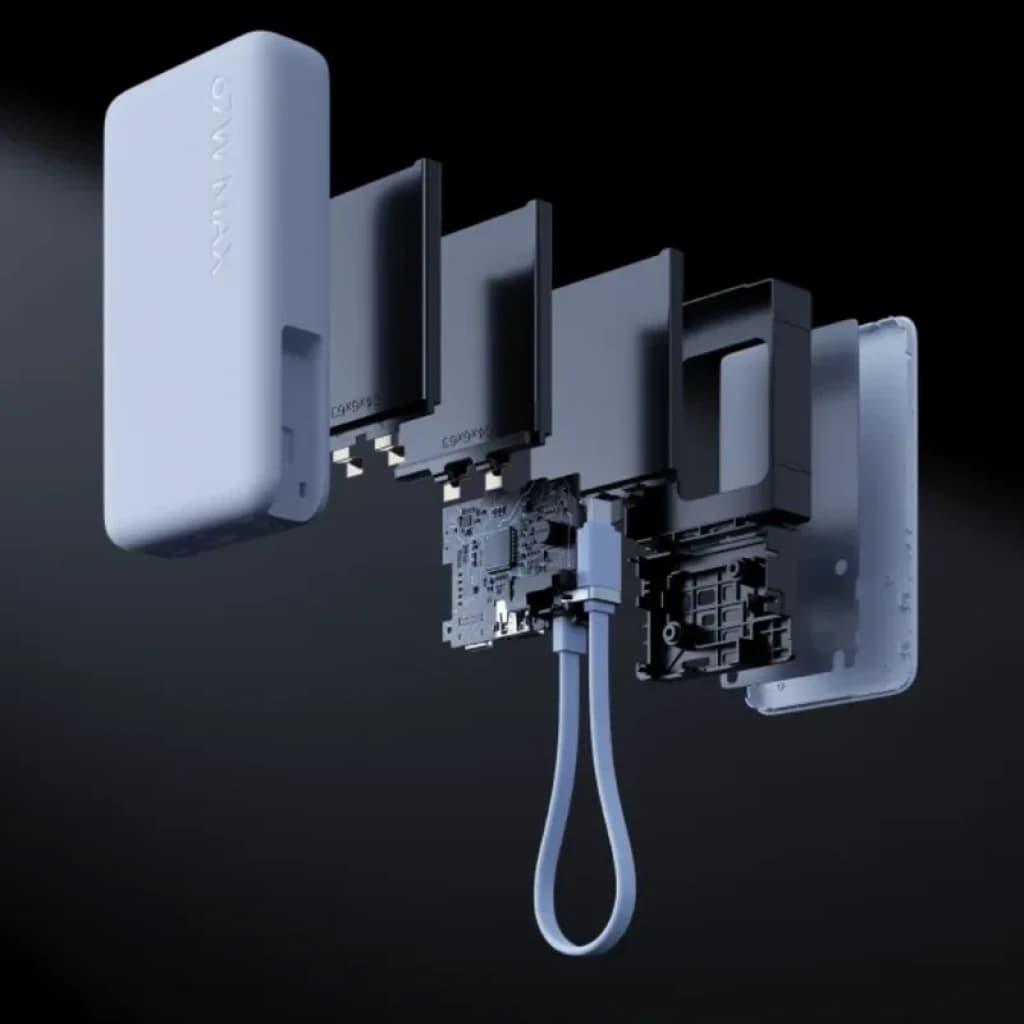 Xiaomi Power Bank 10000mAh bege com cabo integrado e ecrã numérico; design compacto, camadas internas e placa mostradas, potência 67W para carregamento