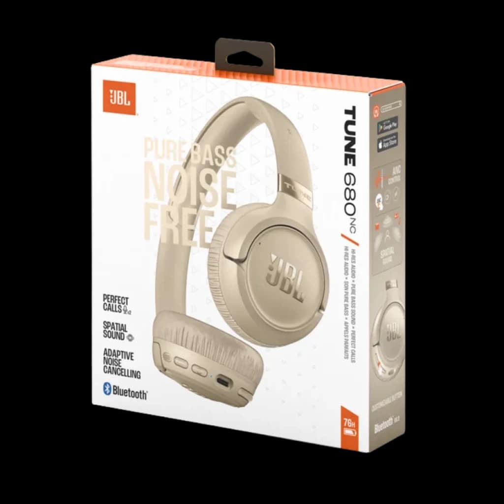 JBL Tune 680NC Beige, casque supra-auriculaire sans fil avec ANC, arceau rembourré, coussinets doux, commandes sur l’oreillette, logo JBL visible