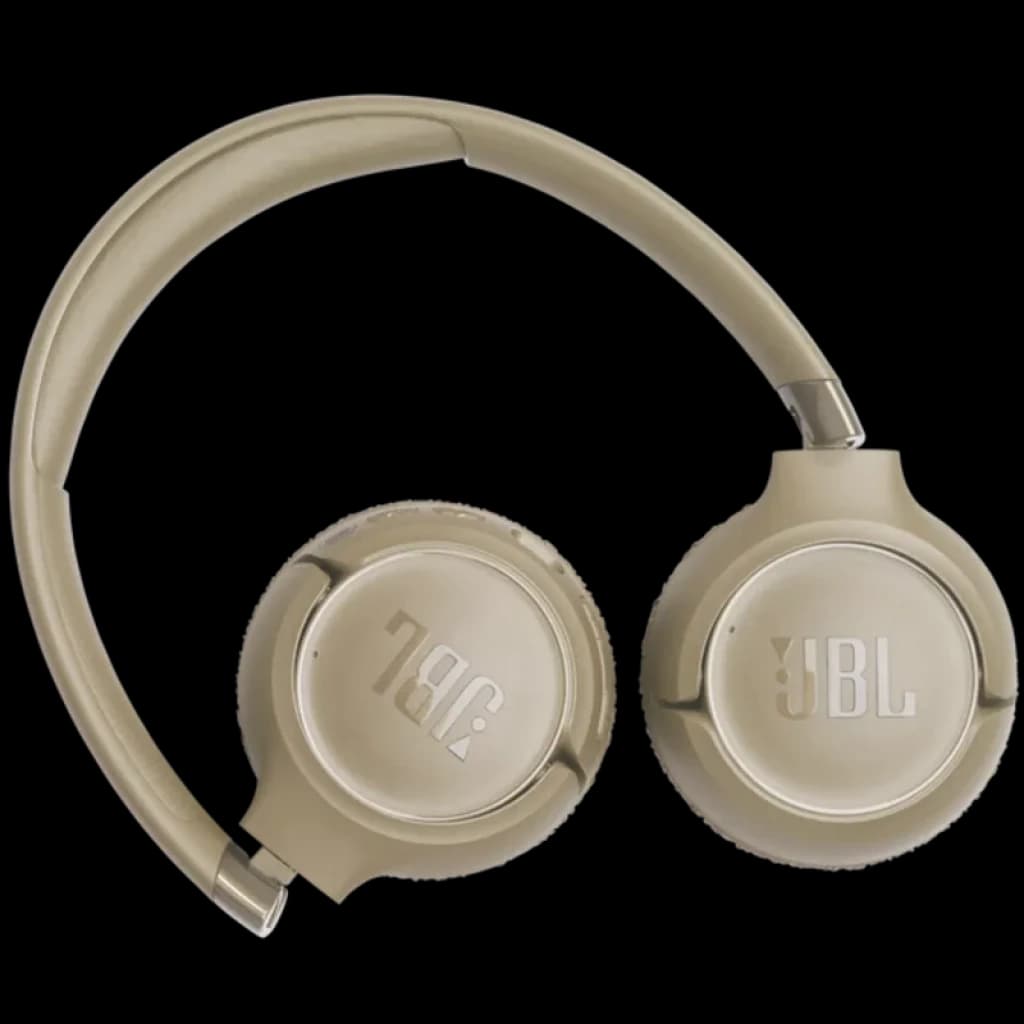JBL Tune 680NC Beige, casque supra-auriculaire sans fil pliable, oreillettes rondes rembourrées, arceau assorti, logos JBL visibles, design épuré
