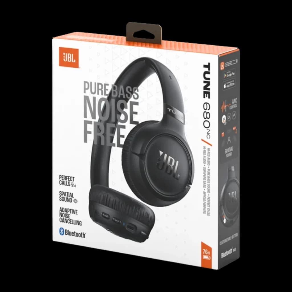 JBL Tune 680NC Noir, casque supra-auriculaire sans fil avec ANC, arceau rembourré, oreillettes pliables, logo JBL argenté, design noir mat élégant