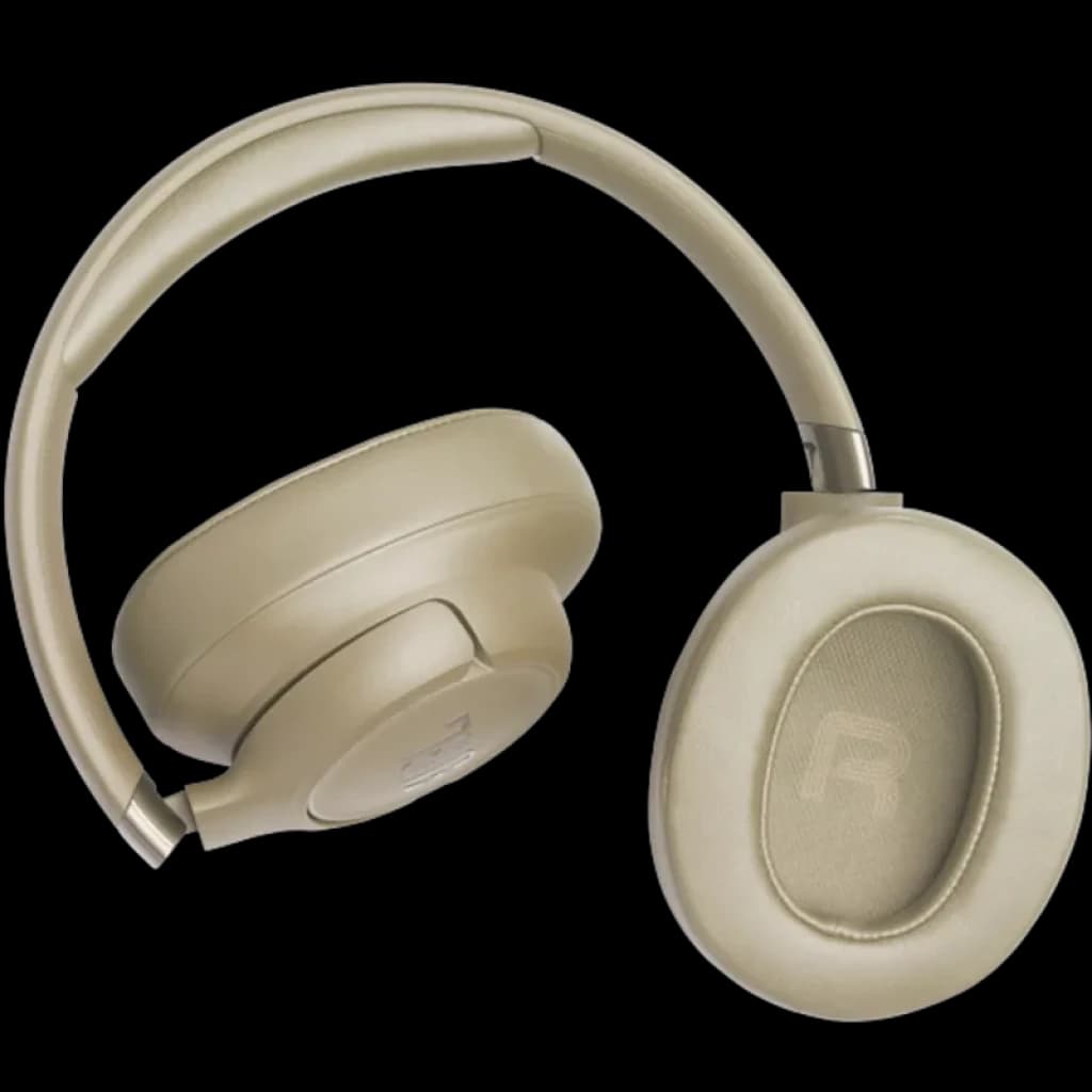 JBL Tune 780NC Beige - Casque circum-aural pliable beige, arceau mat, coussinets ovales rembourrés, oreillette marquée R, design épuré et confortable
