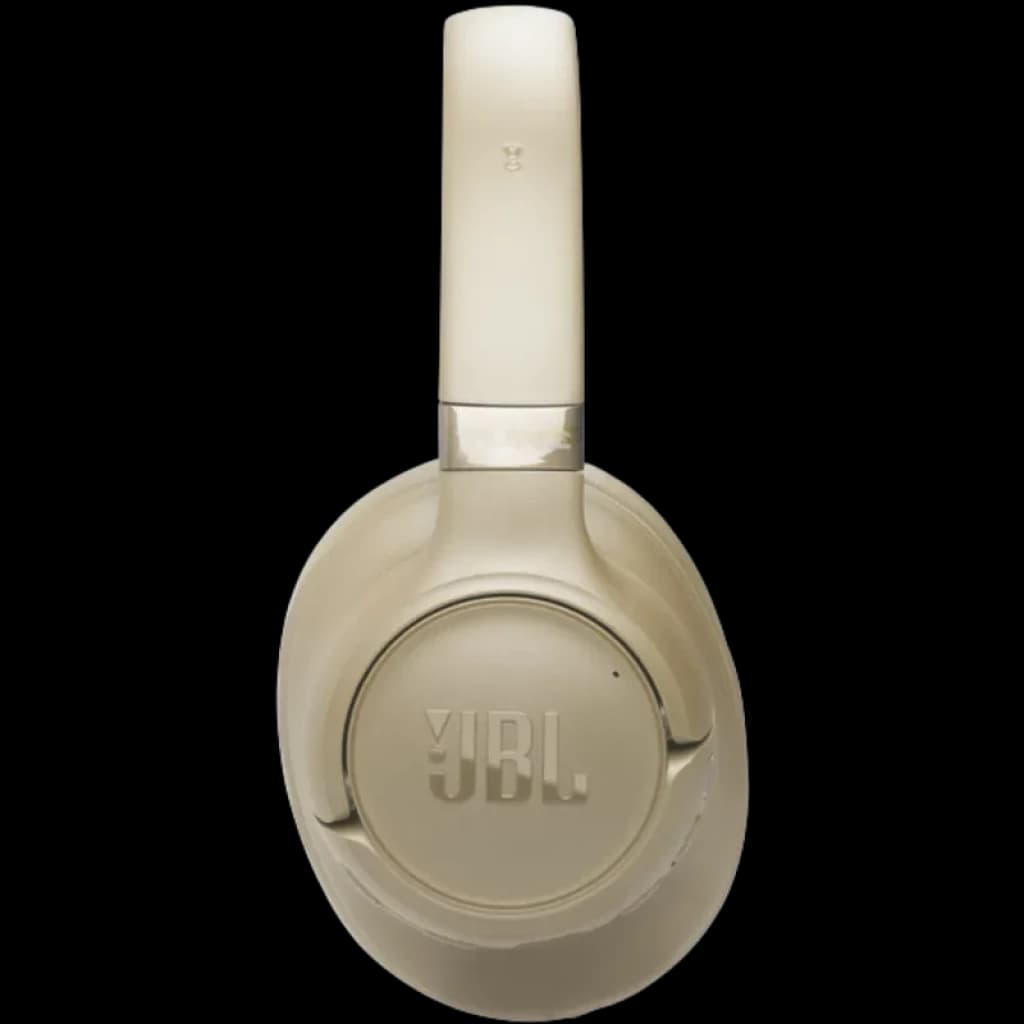JBL Tune 780NC Beige avec oreillette droite vue de côté, arceau mat, coque lisse au logo JBL en relief, design circum-auriculaire pliable élégante