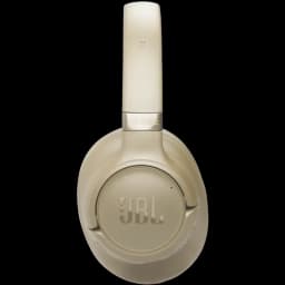 JBL Tune 780NC Beige avec oreillette droite vue de côté, arceau mat, coque lisse au logo JBL en relief, design circum-auriculaire pliable élégante
