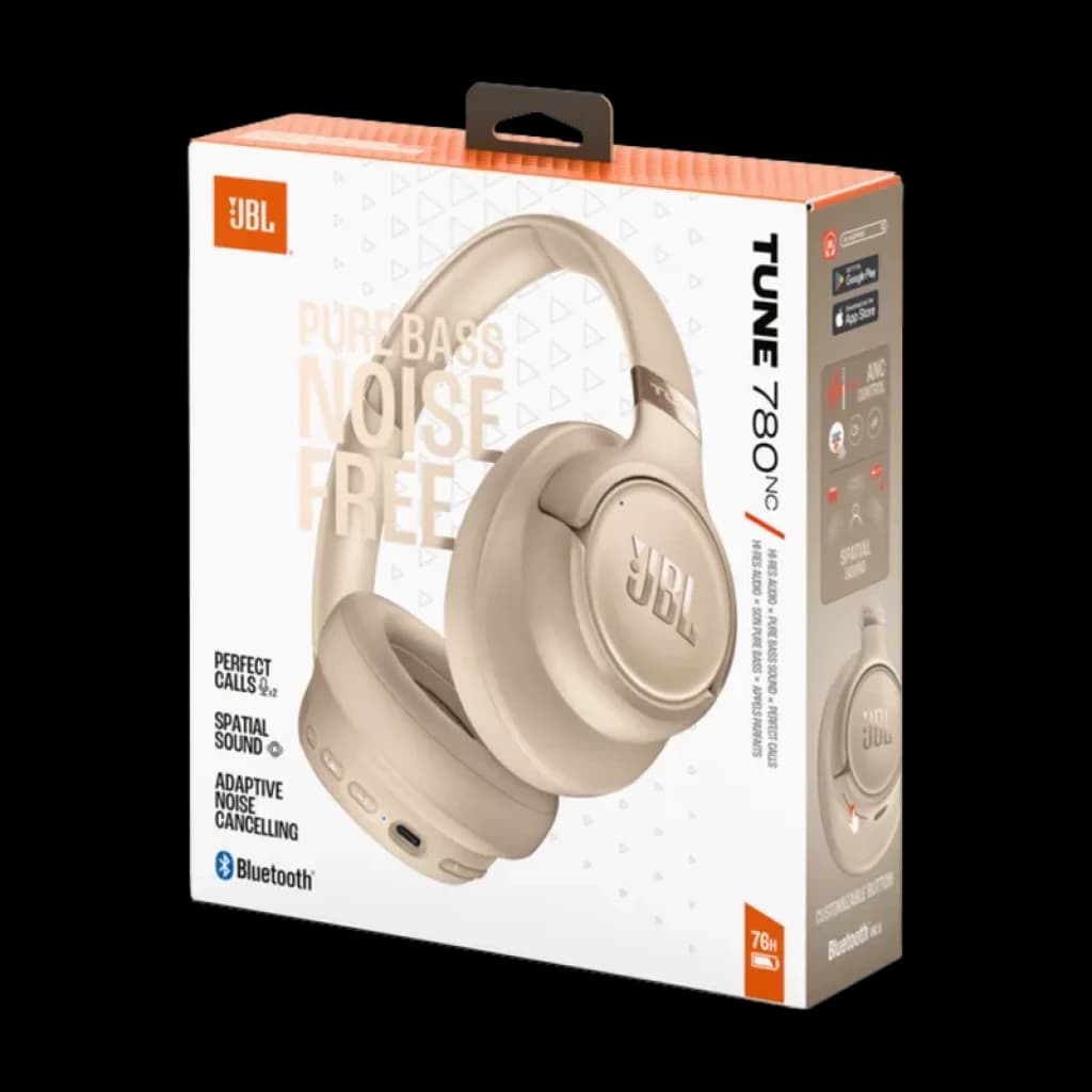 Boîte JBL Tune 780NC Beige montrant casque circum-aural élégant, arceau rembourré, commandes latérales, logo JBL, mentions Pure Bass, ANC et Bluetooth