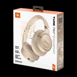 Boîte JBL Tune 780NC Beige montrant casque circum-aural élégant, arceau rembourré, commandes latérales, logo JBL, mentions Pure Bass, ANC et Bluetooth