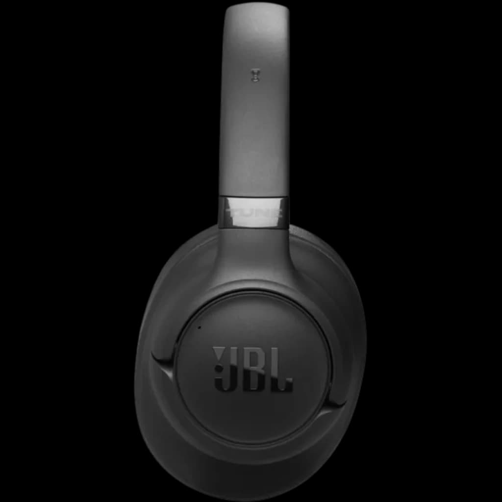 JBL Tune 780NC Noir, oreillette droite sur-oreille matte avec logo JBL en relief, arceau réglable, design pliable, coussinets épais, style épuré noir