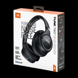 Boîte du JBL Tune 780NC Noir avec casque circum-aural noir, arceau rembourré, commandes sur l’oreillette, logo JBL argenté, mention Noise Cancelling et