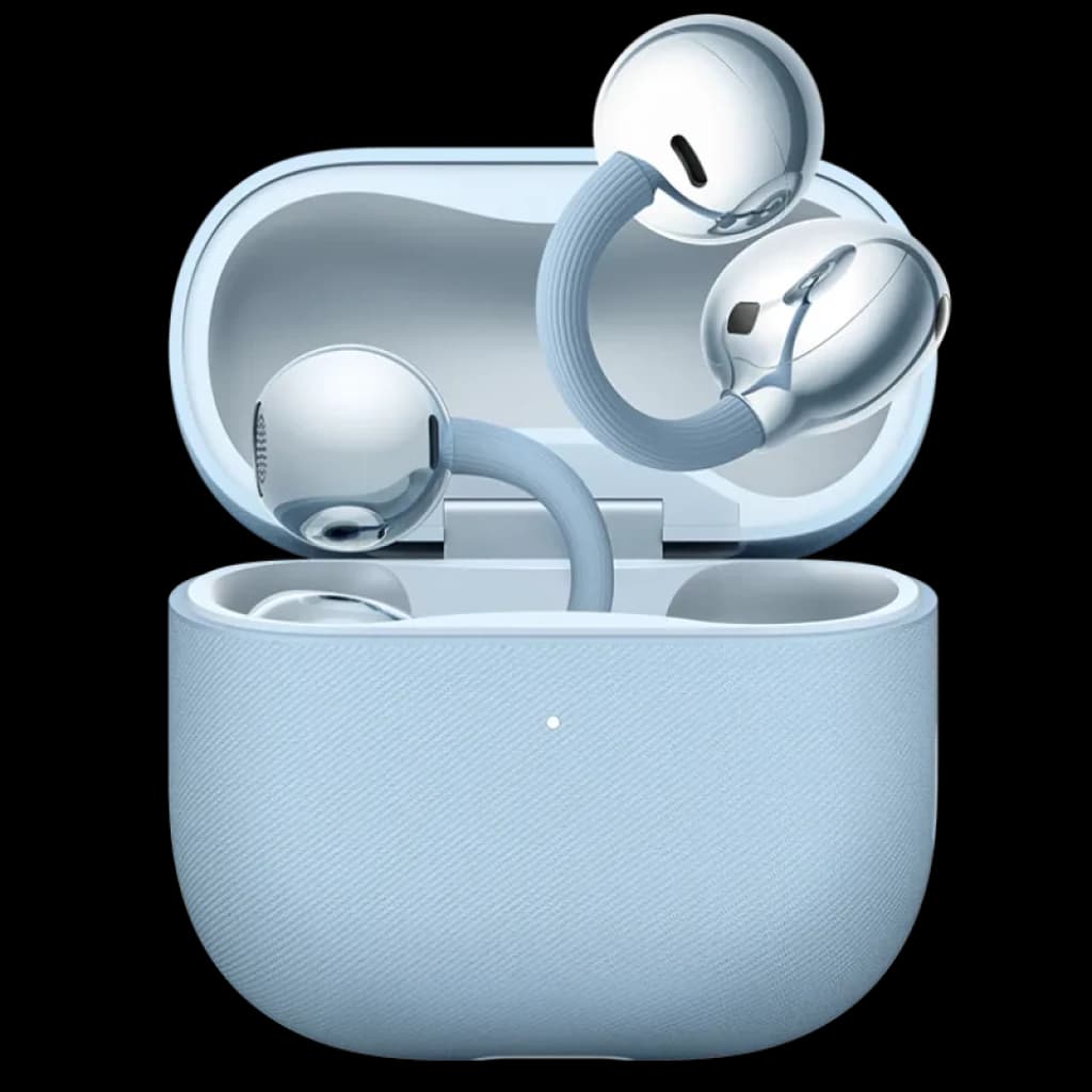Huawei FreeClip 2 Auriculares Bluetooth con diseño open-ear en color azul, cápsulas metálicas brillantes y estuche compacto texturizado a juego