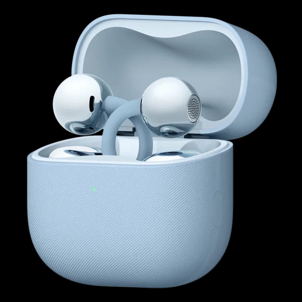 Vista a 45 grados de los auriculares Huawei FreeClip 2 ubicados en el estuche, en color azul