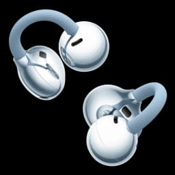 Auriculares Bluetooth con diseño open-ear, ganchos flexibles azul claro y cápsulas plateadas brillantes, compactos y elegantes