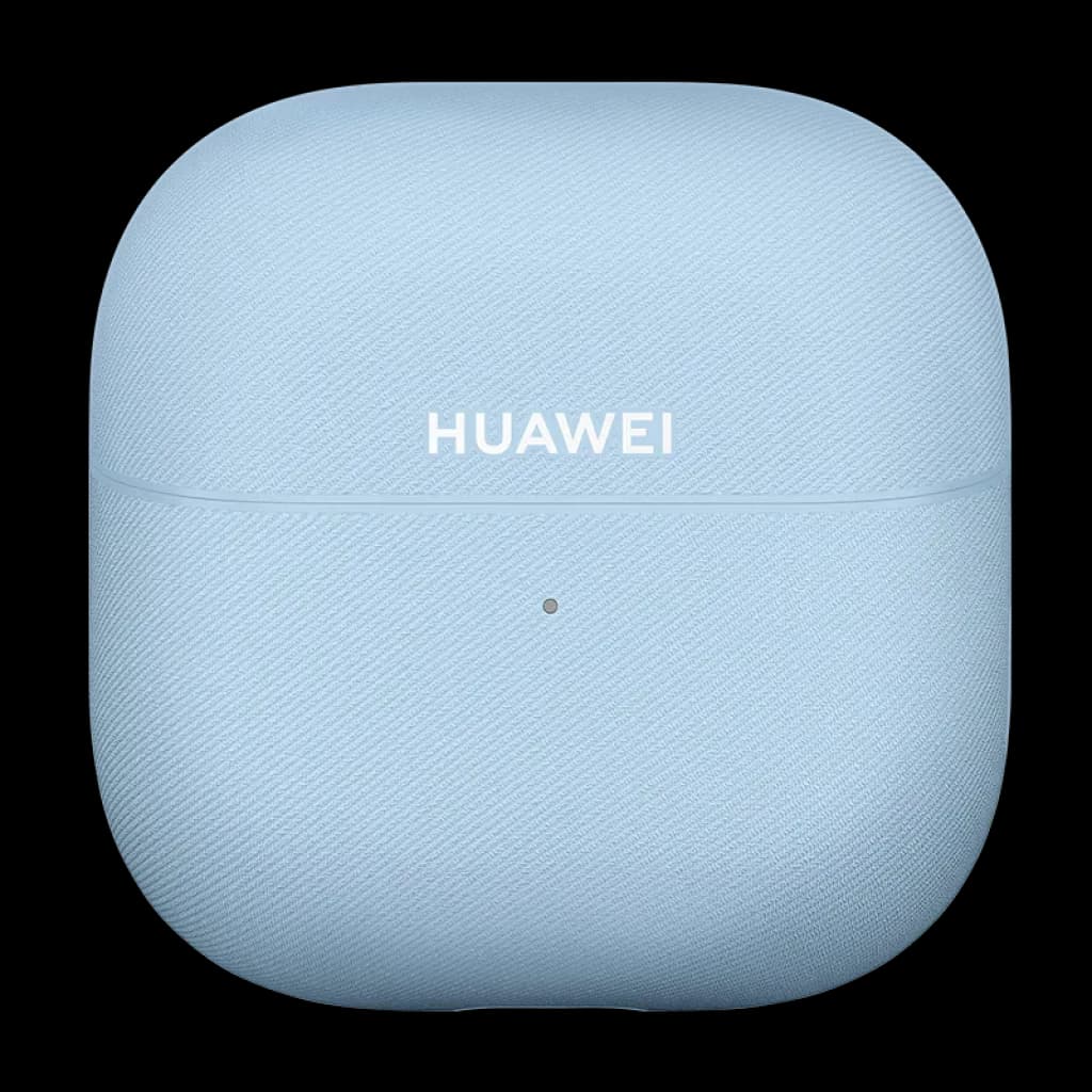 Estuche de carga azul texturizado con logo HUAWEI centrado y luz LED frontal para Huawei FreeClip 2