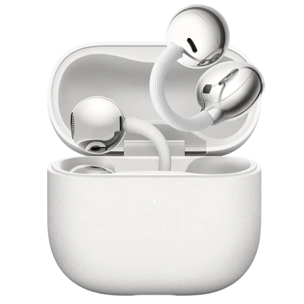 Huawei FreeClip 2 Auriculares Bluetooth con diseño open-ear en color blanco, cápsulas metálicas brillantes y estuche compacto texturizado a juego